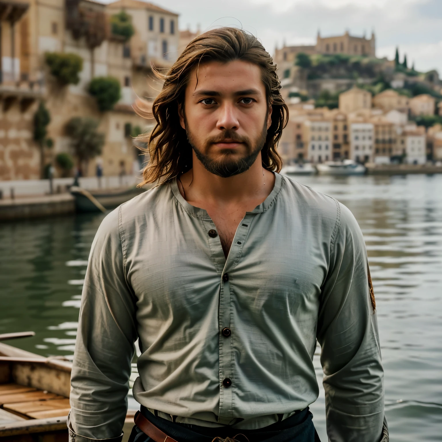 "Compose a medium shot of a young, attractive fisherman with brown eyes, a beard, windswept hair, set in 17th-century Spain. He wears an open, long-sleeved shirt exposing his chest. Aim for a photorealistic, hyperrealistic, cinematic style that captures the essence of the historical period and Spanish charm."