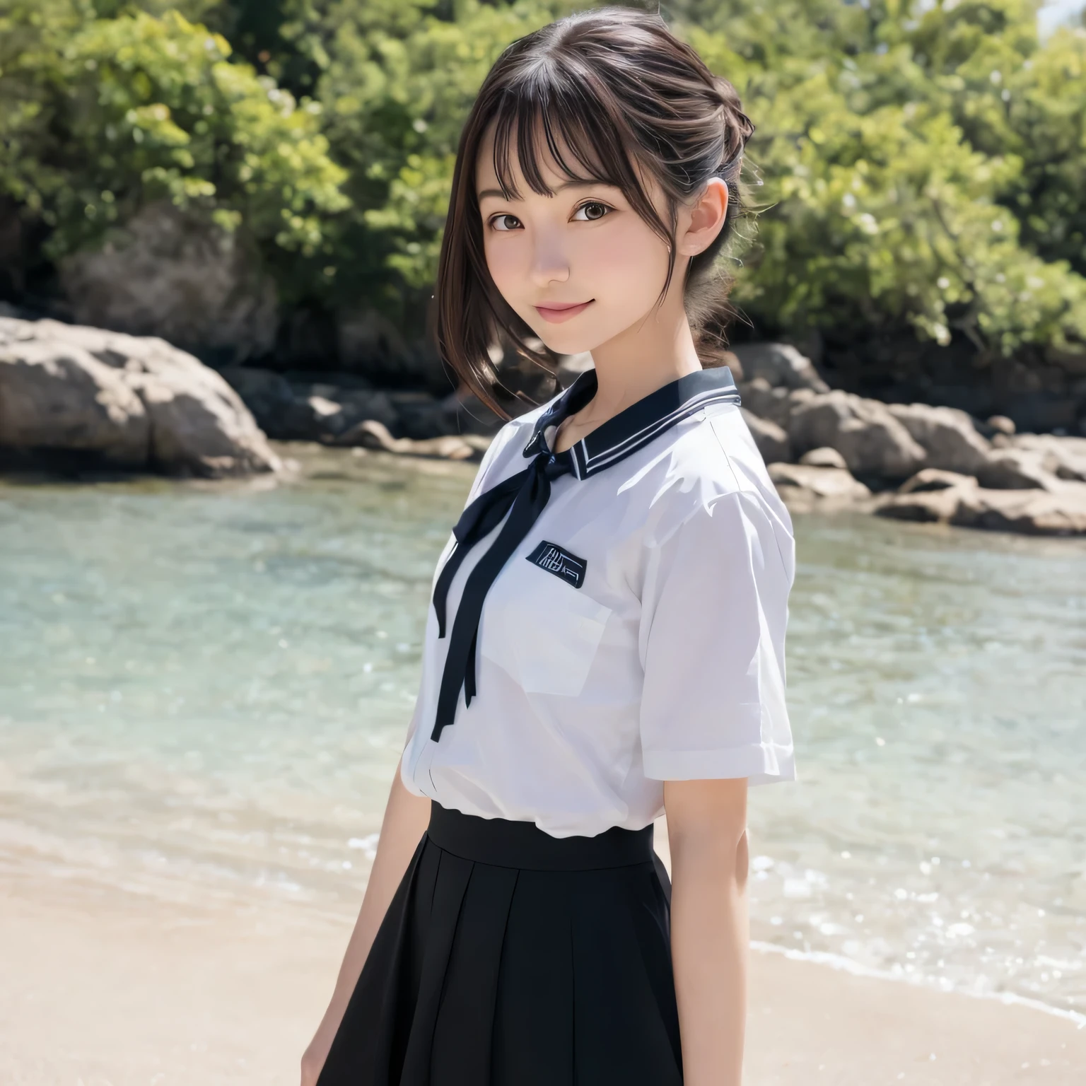 Beauty、Cute person、beautiful、Young face、Detailed face、School swimming pool、high school student、uniform、skirt、Brother、Short sleeve、shirt、Look up here、arched back、surprised、With bangs、whole body