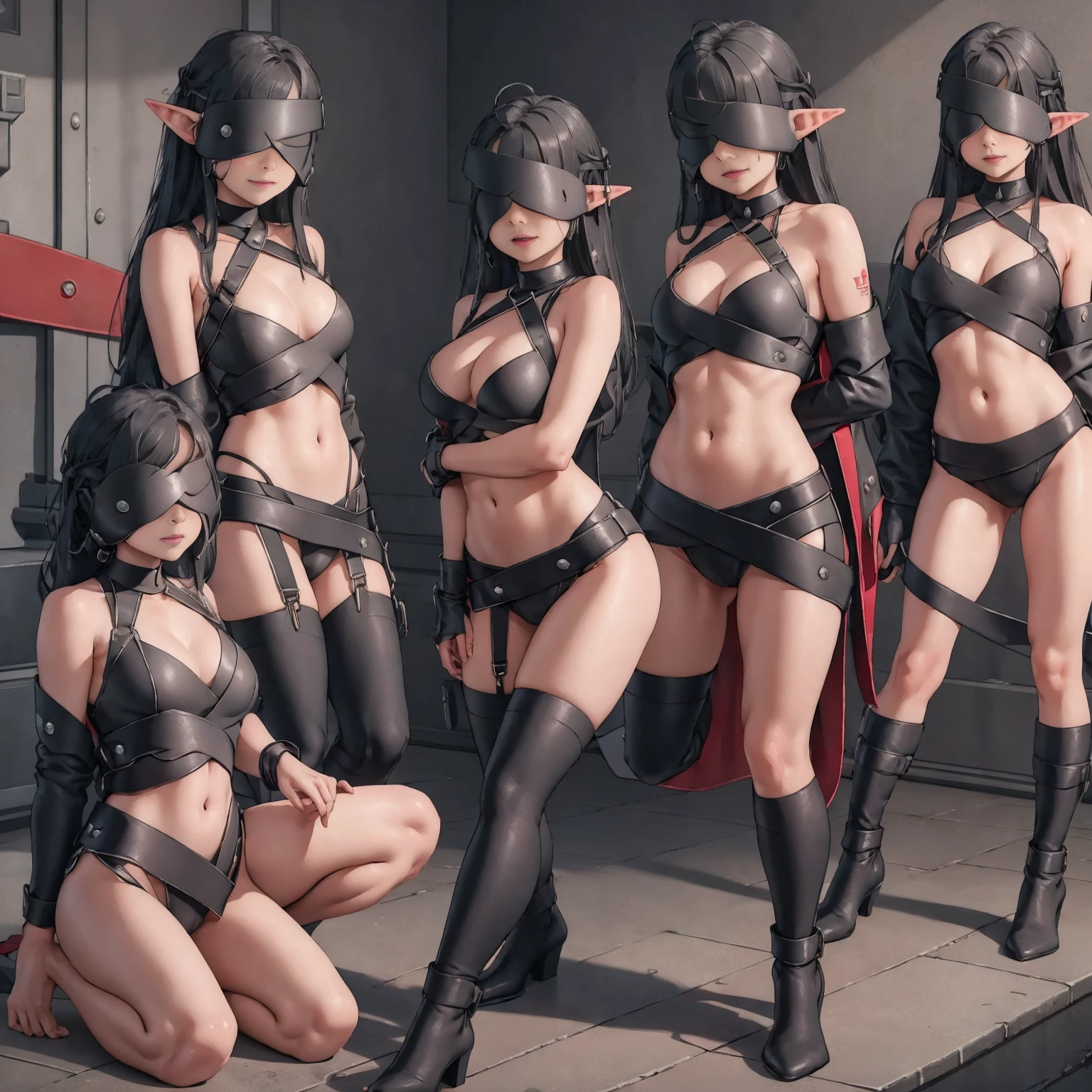 Breasts fit to the ground, Lie on the bed, lying on stomach, Two star motifs on the chest, queen, bikini swimsuit, huge breasts, sagging breasts, realistic style, breasts looming, ancient Chinese transparent underwear, big breasts, straight breasts Close-up of four women kneeling on the bed posing for photos, surreal full body figure, beautiful and detailed body and face, gorgeous figure, ponytail, clear, smile, moan, tease, lace edge, ponytail, clear, laugh, excited, moaning, teasing, tongue sticking, flushed face, fair skin, bright colors, upturned ass, full body photo, thin figure, gorgeous headdress, Whole Body proportions and all limbs are anatomically accurate, solo, laughing, big mouth, red blindfolded with a red blindfolded, blinfolded eyes, full body, standing positon (shackles on legs and arms), long white hair, female restraint, chained, slender, long hair, red tattoo slave, muscular abs, medium size bra cover chest, cover chest, (no eyes), red tatto for slave under navel, navel, black choker, female elf, pointy ears