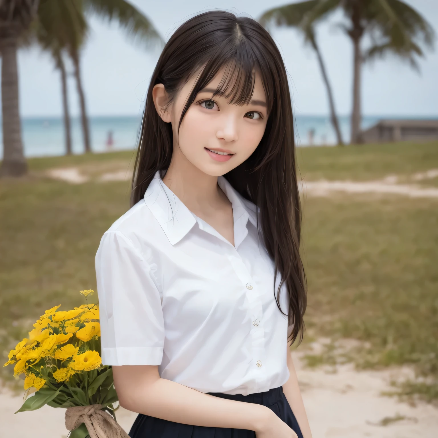 Smile、Harajuku、24 year old beautiful girl from Prague、original photography、(((ultimate beauty portrait)))、((sparkling skin))、((brown hair))、bright expression、((Big eyes sparkling like gems))、、pantyhose、Glowing and radiant skin、(medium hair)、(silk ponytail)、(standing)、(from below)、under skirt、Eyeliner、beautiful bangs、(Close-up from below)、hair between eyes、((masterpiece、top quality、Super detailed、movie light、intricate details、high resolution、Very detailed))、background for this、8 kood、digital SLR、soft light、high quality、film grain、富士XT3 、shallow view deep、natural soft light、Kamimei、collared shirt、Holding a bouquet of flowers、standing at the beach、from below,Rear view