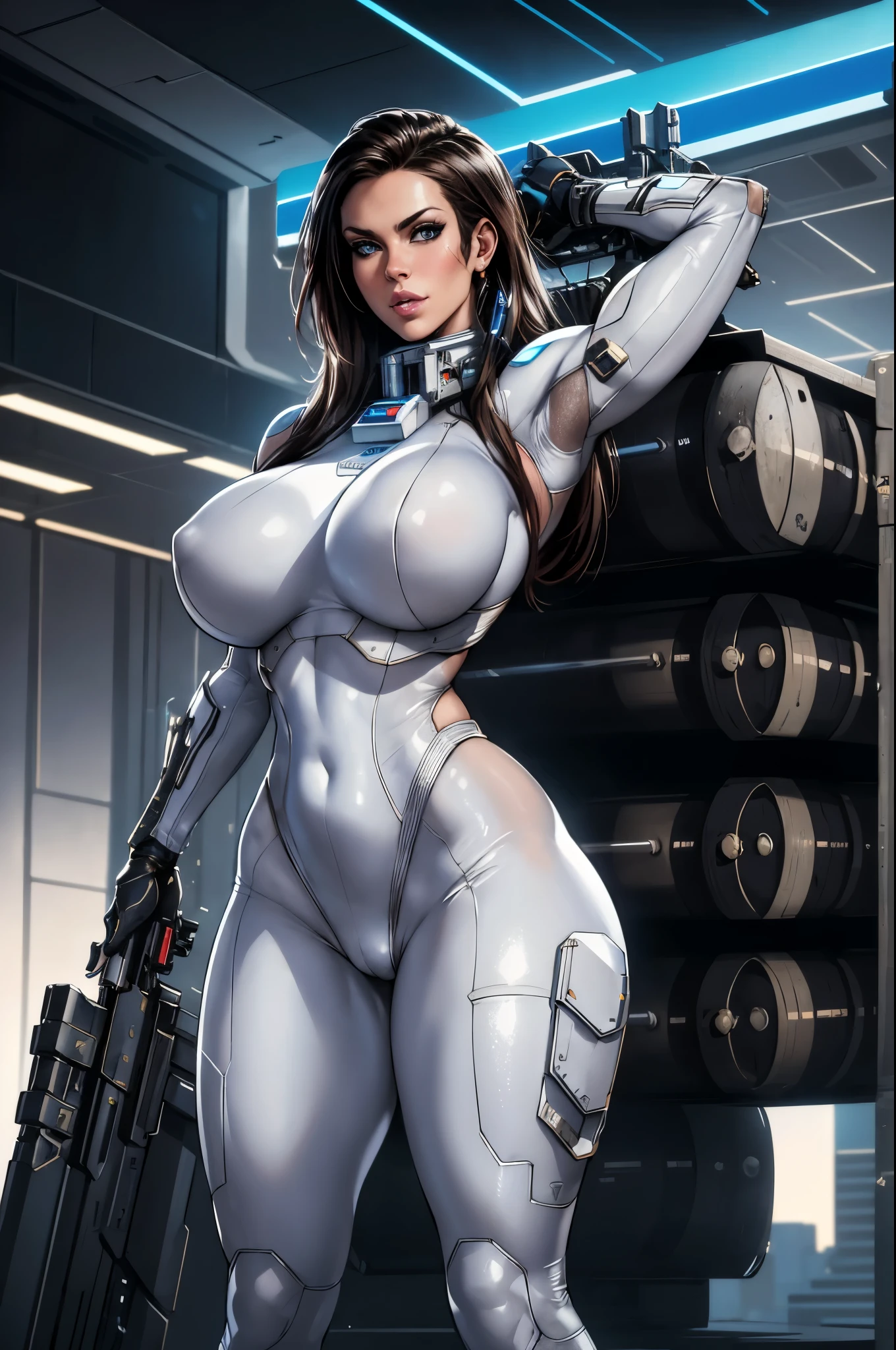 Portrait of beautiful Alison Tyler as a cyberpunk future warrior holding a massively oversized gatling gun. wearing a white armored swinsuit cyberpunk, Perfect body, parted lips, interior spaceship with a interstellar space background, immaculate composition