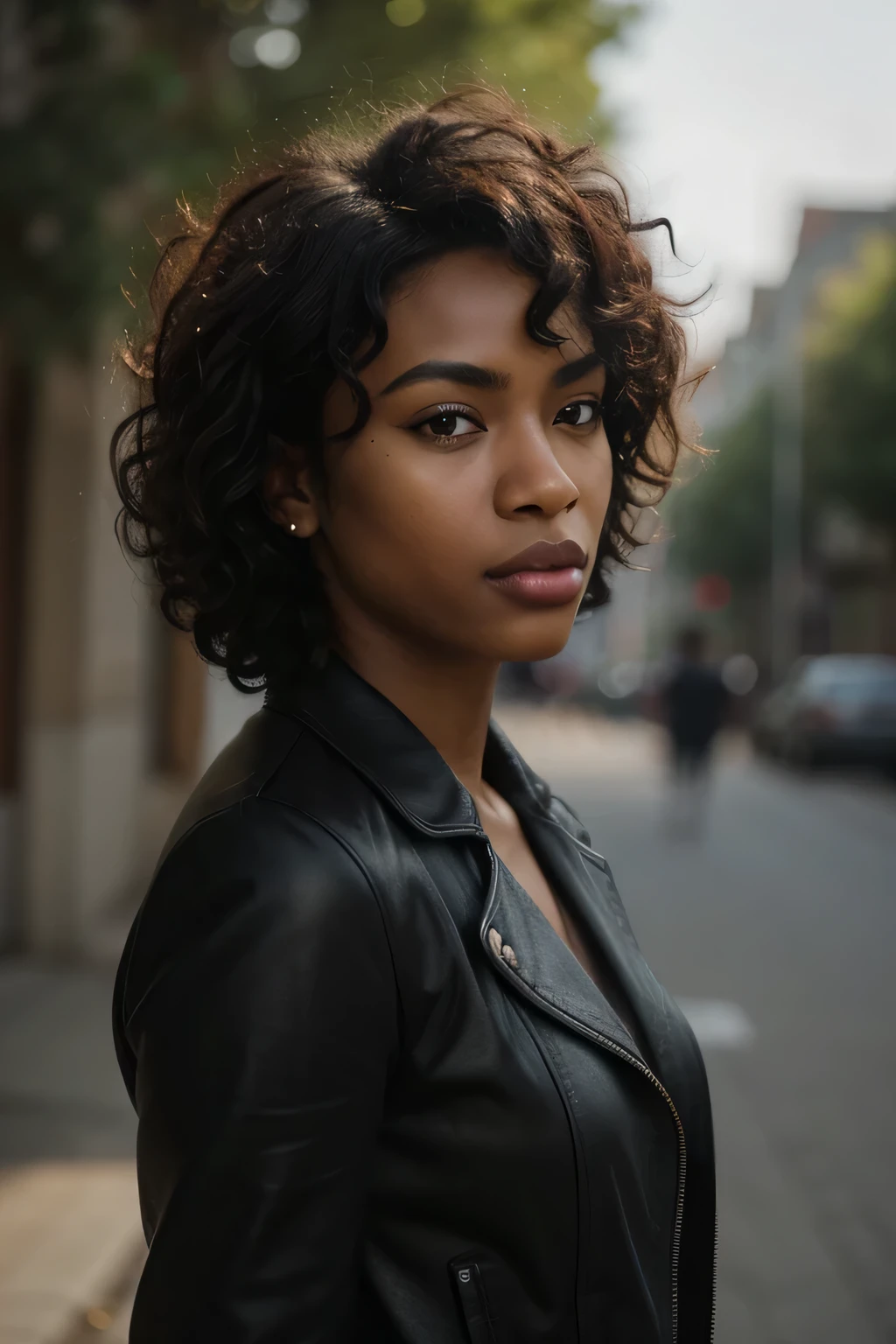 (front view) very detailed photograph of a black woman, dark skin, (with curly hair), (symmetric beautiful face) nice and well defined nose, proportioned and full lips, stunning realistic photography, fit body, black jeans, leather jacket, white shirt, realistic soft color, outdoor background, octane render, intricately detailed, sharp focus, stunning full color, shot on DSLR camera, 32k resolution, best quality, (focus on skin texture)