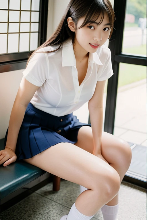 Pure young Japanese school girl, natural body, beautiful legs, wearing loose uniforms, (pantyhose), high heels, natural makeup, natural black hair styles, sweet smile, sitting, sexual temptation, spread wide legs, lift up skirt, professional eroticism portrait photography, sunlight, 