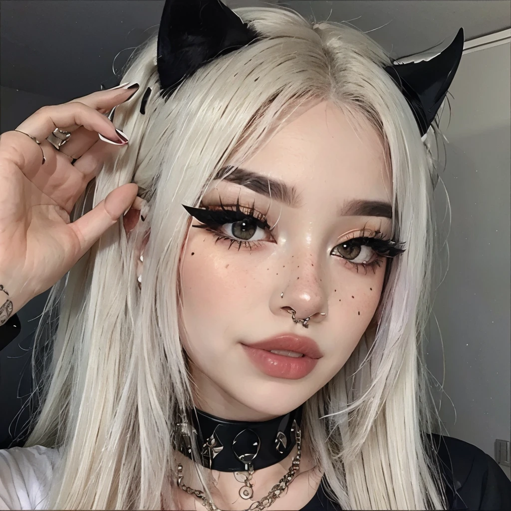 1girl, egirl, white hair, straight hair, freckles, devil horns, tshirt, dog collar, eyeliner, mascara, eye shadow, smoky eyes, nose ring, grin, teeth, bedroom, egirl_face, septum, piercing, large breasts