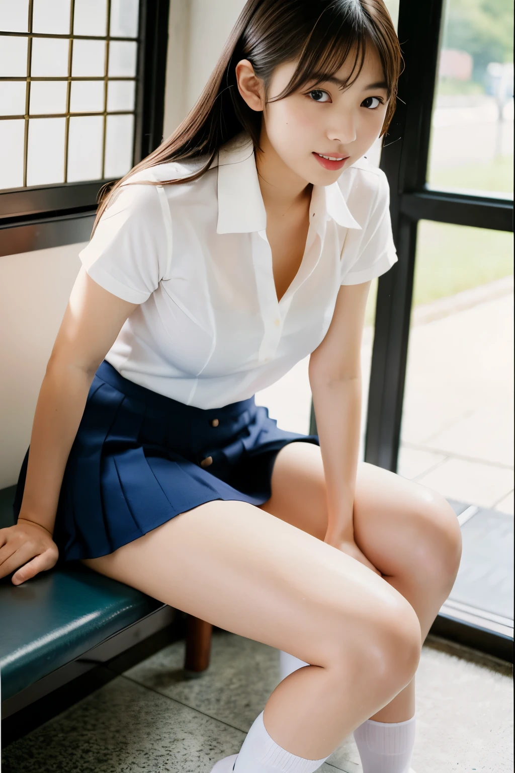 ((highest quality)), ((masterpiece)), 18 year old real Japanese beautiful girl idol high school student、school uniform、40cm miniskirt above the knee、beautiful thighs、beautiful small breasts、running away from the teacher、Short sleeves are torn、I fell down and my skirt is up、He was pushed to the floor of the gymnasium.、Armpit visible from cuffs、The button opens and you can see her cleavage、upskirt、put a condom in your mouth、Chest see-through、Underwear is see-through、Shoulder straps of underwear、Nubra