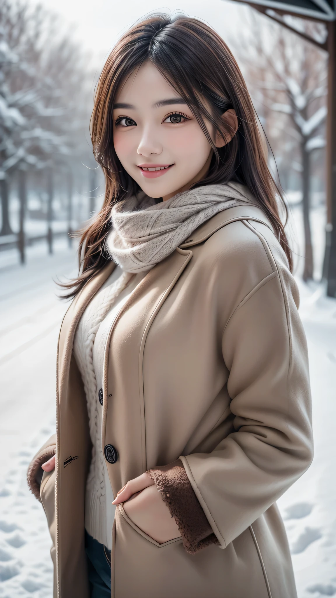 (1young girl), (Ultra realistic), (warm mink coat, woolen scarf:1.3), upper body, caute smile, (best quality:1.4), Raw photo, (realistic, photo-realistic:1.37), professional photography, cinematic light, outdoors, snowy,