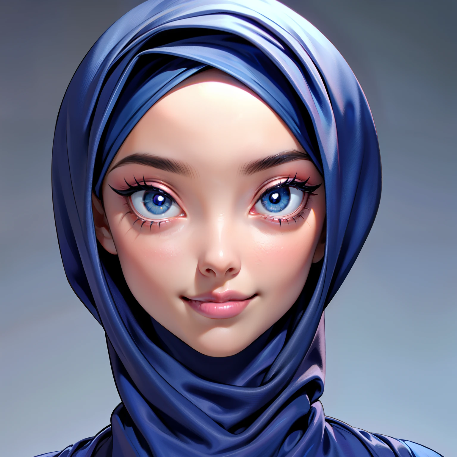 3dmm style, Masterpiece, realistic, best quality, best lighting, beautiful mature Czech woman, 1 girl photo solo, beautifully makeup, eyeshadow, Parted Lips, Detailed Eyes, beautiful big eyes, long eye lashes, dimples on the cheeks, smile, wearing ((Dark blue satin hijab)), loosely tide hijab style, ((gray satin turtleneck shirt and satin long skirt)), ((front view)), (close up portrait), front view, standing straight, symmetric Centered facing the viewer.