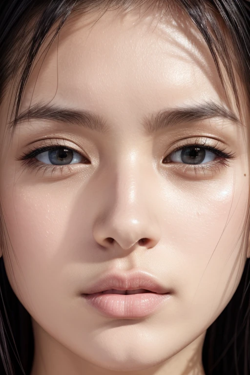 1 girl,Mastepiece - Award-winning photo, very detailed, edge orgasm, woman , chiseled face、((口を開けて目を閉じたwoman))、high nose with pointed points,,、strong nose、elongated nostrils、Skin shiny with sweat、Illumination that emphasizes shiny sweat{realistic nostrils}, black haired、