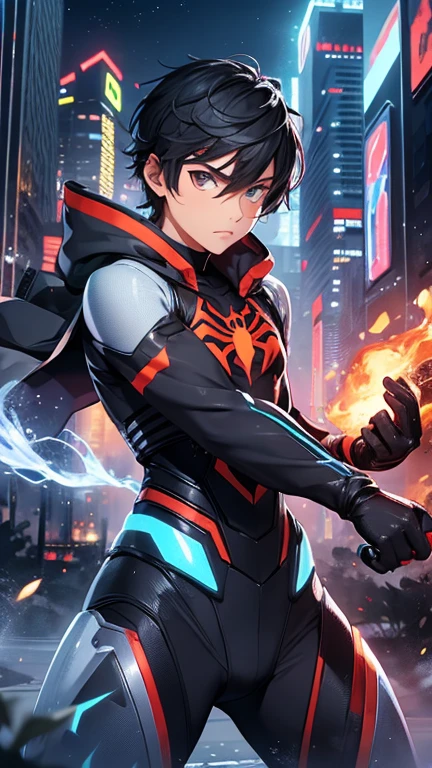 young boy, 12 years, 1boy, solo, short black hair, brown eyes, fighting stance, blue fire in hands, suit spiderman in blue and white, landscape, night