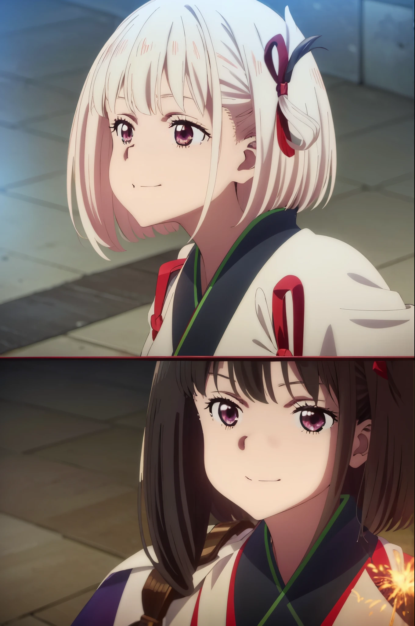 Highest image quality、High quality、anime style、18-year-old、(((2 girls))), masterpiece, highest quality,、medium full shot、big 、yukata、Fireworks go off、((with fireworks in the background))、perfect style、kiss face、(((kiss)))、((close your eyes)),Capture only the upper part of the body、smile、(Senzoku Nishikigi、blonde short bob、red eyes)、(Takina Inoue、long black hair、purple eyes)、outdoor、High resolution, unity 8k wallpaper, highly detailed face, perfect lighting, Very detailed CG,