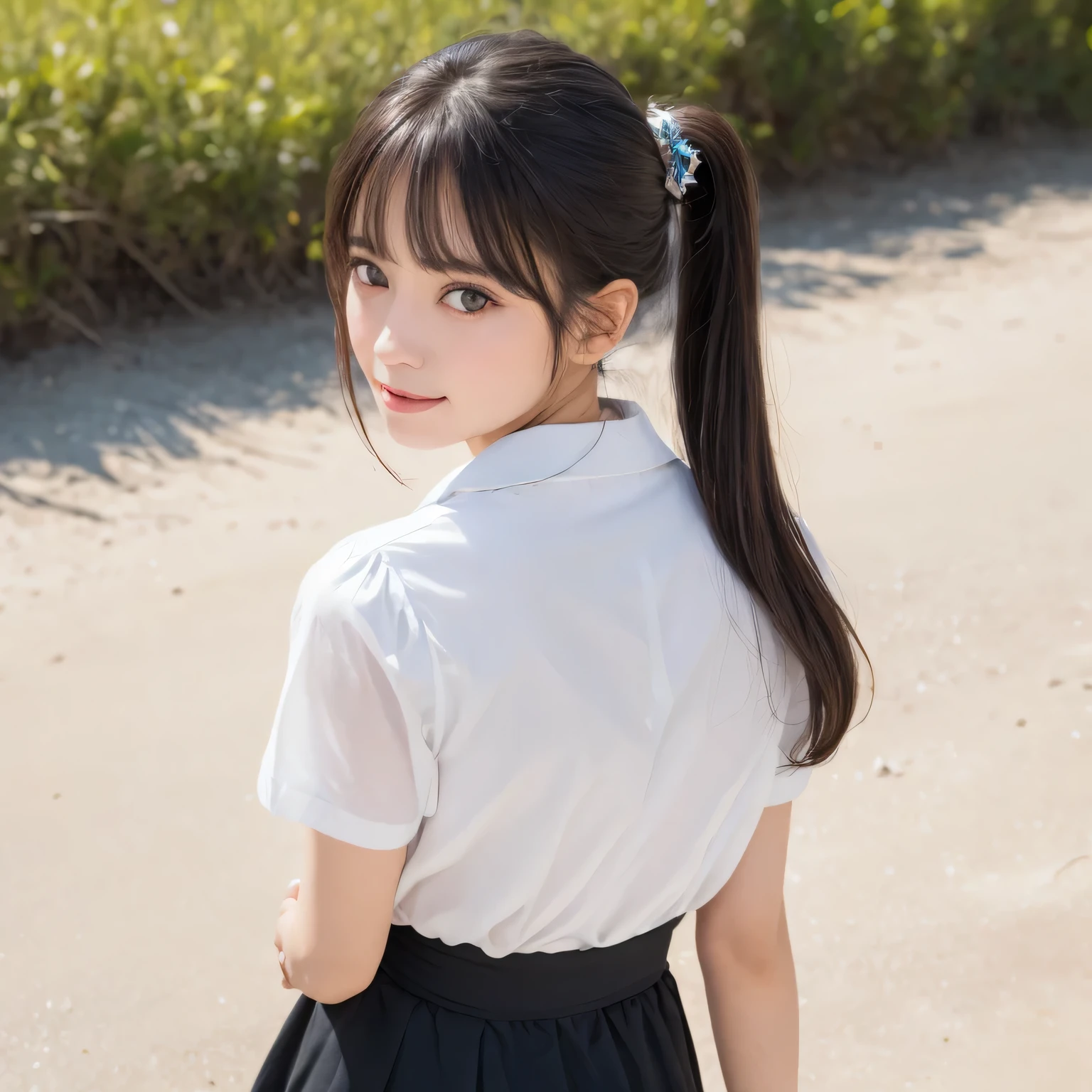 Smile、Harajuku、24 year old beautiful girl from Prague、original photography、(((ultimate beauty portrait)))、((sparkling skin))、((brown hair))、bright expression、((Big eyes sparkling like gems))、、pantyhose、Glowing and radiant skin、(medium hair)、(silk ponytail)、(standing)、(from below)、under skirt、Eyeliner、beautiful bangs、(Close-up from below)、hair between eyes、((masterpiece、top quality、Super detailed、movie light、intricate details、high resolution、Very detailed))、background for this、8 kood、digital SLR、soft light、high quality、film grain、富士XT3 、shallow view deep、natural soft light、Kamimei、collared shirt、Holding a bouquet of flowers、standing at the beach、from below,Rear view、Above the legs、whole body