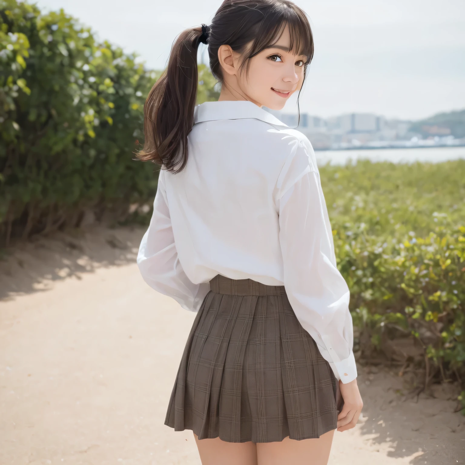 Smile、Harajuku、24 year old beautiful girl from Prague、original photography、(((ultimate beauty portrait)))、((sparkling skin))、((brown hair))、bright expression、((Big eyes sparkling like gems))、、pantyhose、Glowing and radiant skin、(medium hair)、(silk ponytail)、(standing)、(from below)、under skirt、Eyeliner、beautiful bangs、(Close-up from below)、hair between eyes、((masterpiece、top quality、Super detailed、movie light、intricate details、high resolution、Very detailed))、background for this、8 kood、digital SLR、soft light、high quality、film grain、富士XT3 、shallow view deep、natural soft light、Kamimei、collared shirt、Holding a bouquet of flowers、standing at the beach、from below,Rear view、Above the legs、whole body