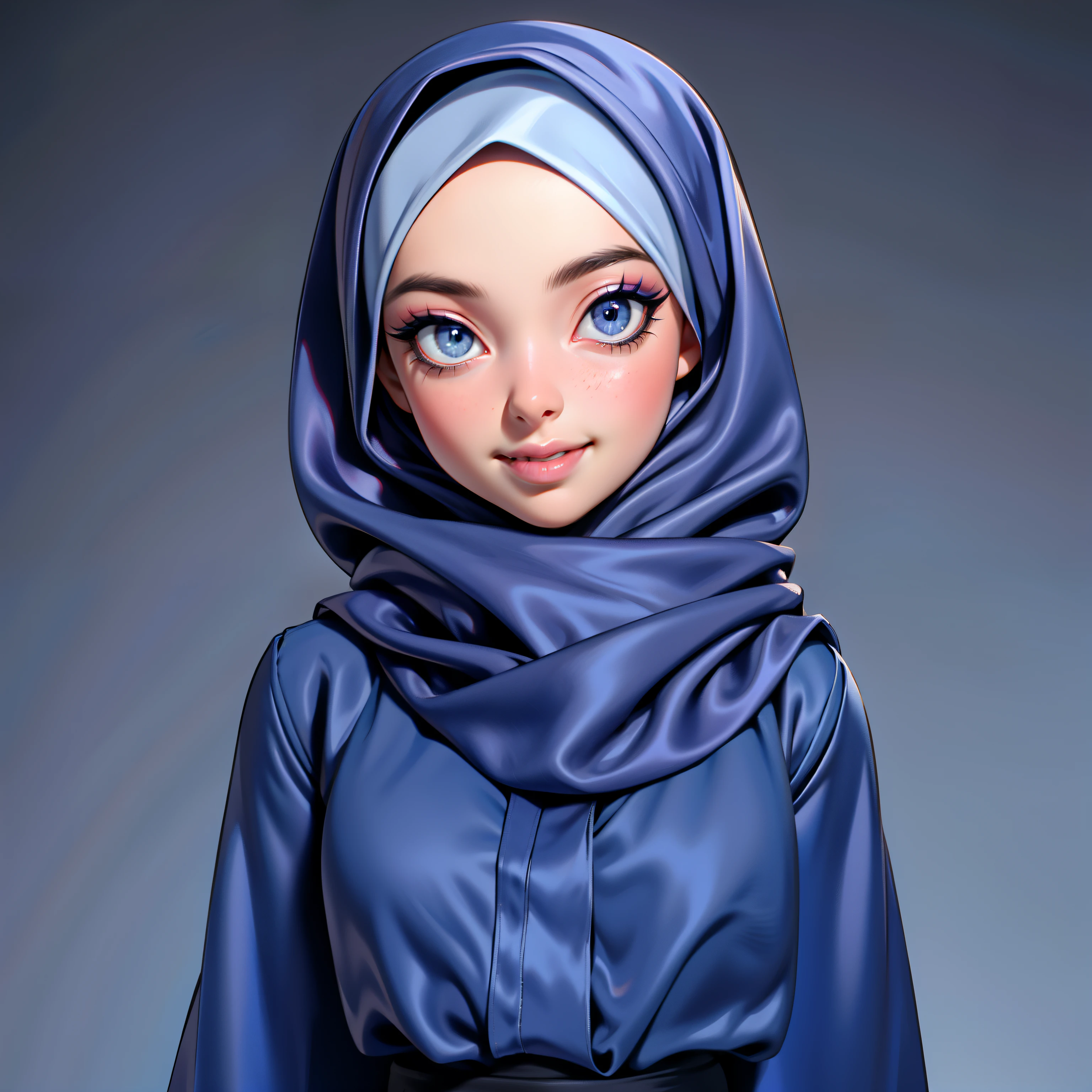 3dmm style, Masterpiece, realistic, best quality, best lighting, beautiful mature Czech woman, 1 girl photo solo, beautifully makeup, eyeshadow, Parted Lips, Detailed Eyes, beautiful big eyes, long eye lashes, dimples on the cheeks, smile, wearing ((Dark blue satin hijab)), loosely tide hijab style, ((gray satin shirt and satin long skirt)), ((front view)), (close up portrait), front view, standing straight, symmetric Centered facing the viewer.