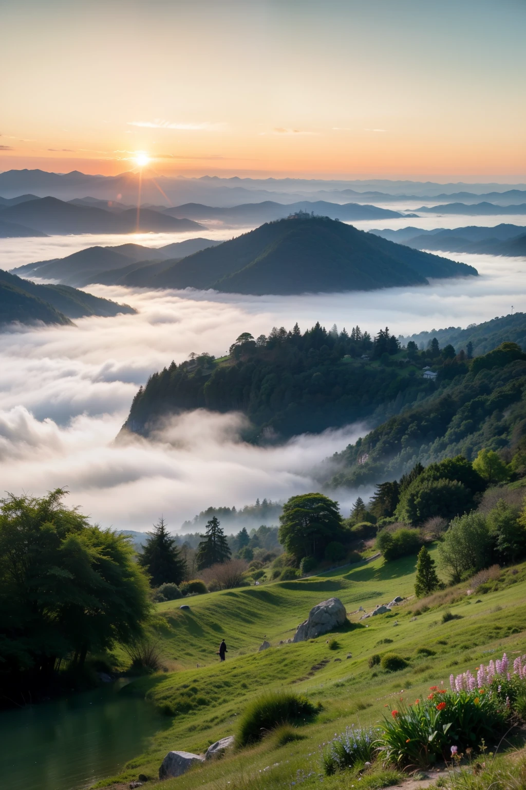 Lakes and mountains,Blue water and blue sky,Green peaks like forests,The sea and the sky are the same,shrouded in mist,A sea of clouds,Sunrise and sunset,Golden glow sprinkles the earth,Reflecting the endless beauty of nature。