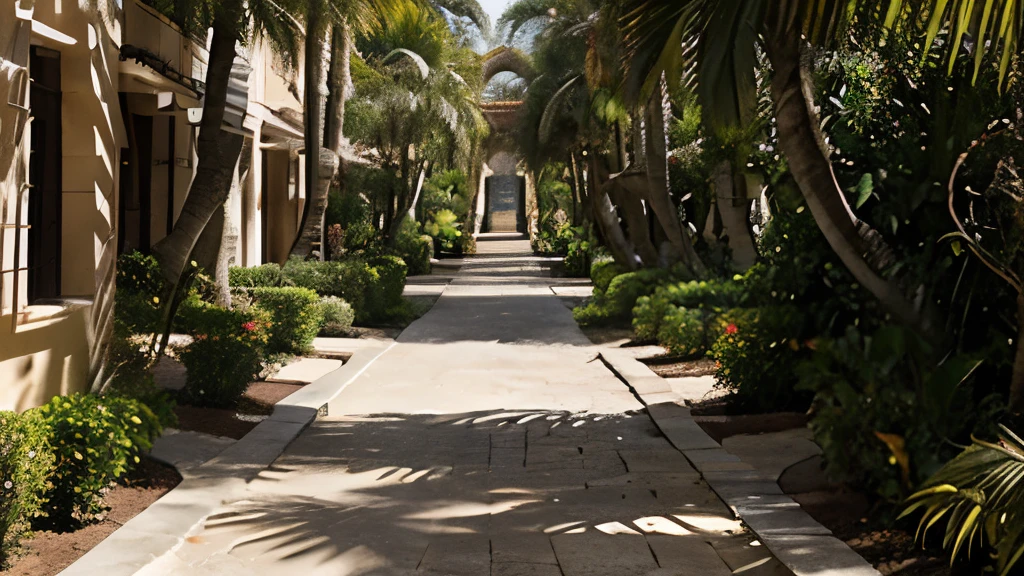 The winding walkway, the stone path, on both sides are towering yellow and red areca trees, the trees growing luxuriantly, jostling each other and reaching high in the sunlight. Tropical landscape design style
