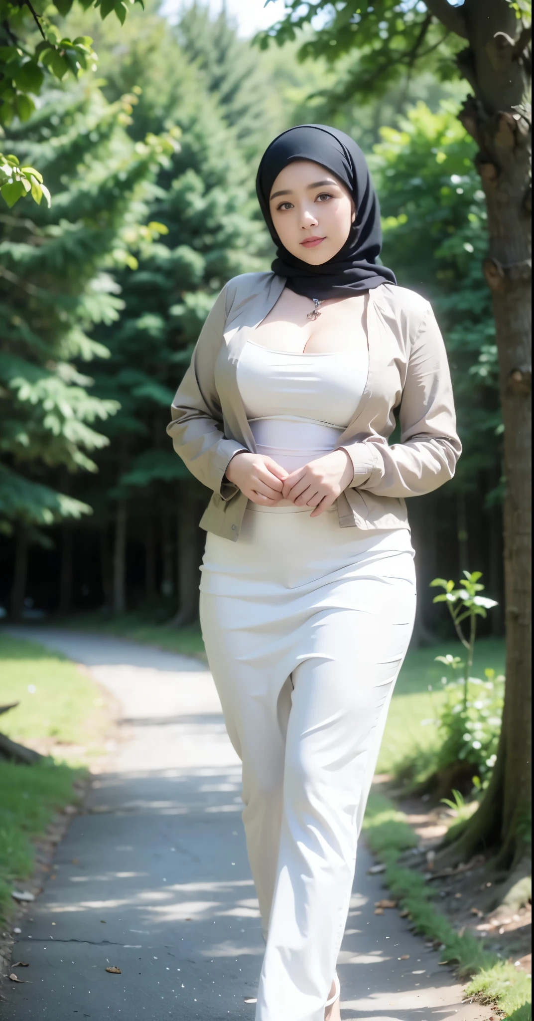 ((best quality)), ((masterpiece)), (detailed), perfect face, arafed woman in a blue hijab walking down a path, in the forest, in forest, intriguing outfit, revealing clothes, in woods, white hijab, in a forest, in the countryside, in the park, in a park, revealing outfit, wide hips, in the woods, skinny waist and thick hips, generous cleavage open jacket, breasts covered and sfw