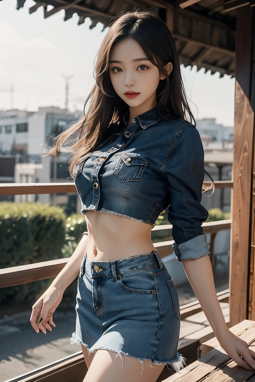 A breathtakingly beautiful lady with flowing long hair, wearing a chic crop top and a fashionable denim short skirt, radiating confidence and style, fashionable, trendy, alluring, charismatic, 50mm, sunset