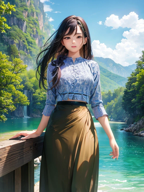 wearing acmm top, olive green acmm top, long sleeves, wearing acmm long skirt, olive green acmm long skirt, printed skirt, skin birght and smooth as wax,
masterpiece, best quality, high quality, extremely detailed CG unity 8k wallpaper, scenery, outdoors, sky, cloud, day, no humans, mountain, landscape, water, tree, blue sky, waterfall, cliff, nature, lake, river, cloudy sky,award winning photography, Bokeh, Depth of Field, HDR, bloom, Chromatic Aberration ,Photorealistic,extremely detailed, trending on artstation, trending on CGsociety, Intricate, High Detail, dramatic, art by midjourney,