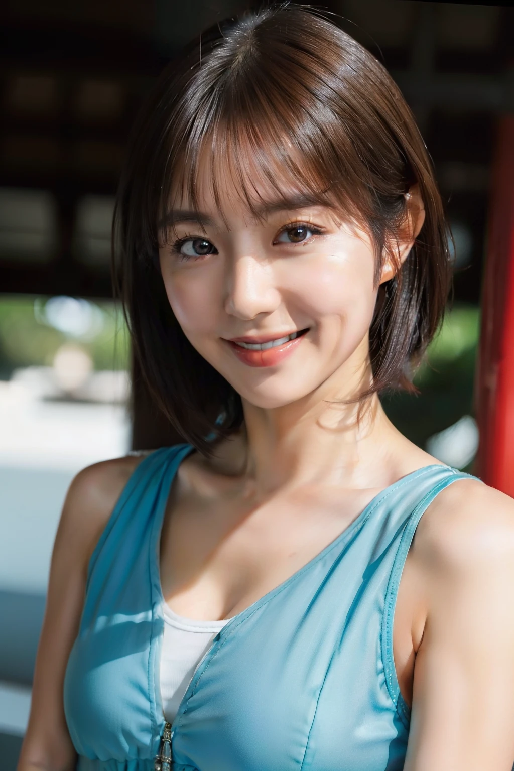 (nffsw, High resolution, highest quality, advanced details, Super detailed, rough skin), (japanese woman), (mature woman), (Upper body: 1.5), (brown hair), (short hair), (aqua eye), (ordering sauce), (light smile), (cute smile), (rough skin)