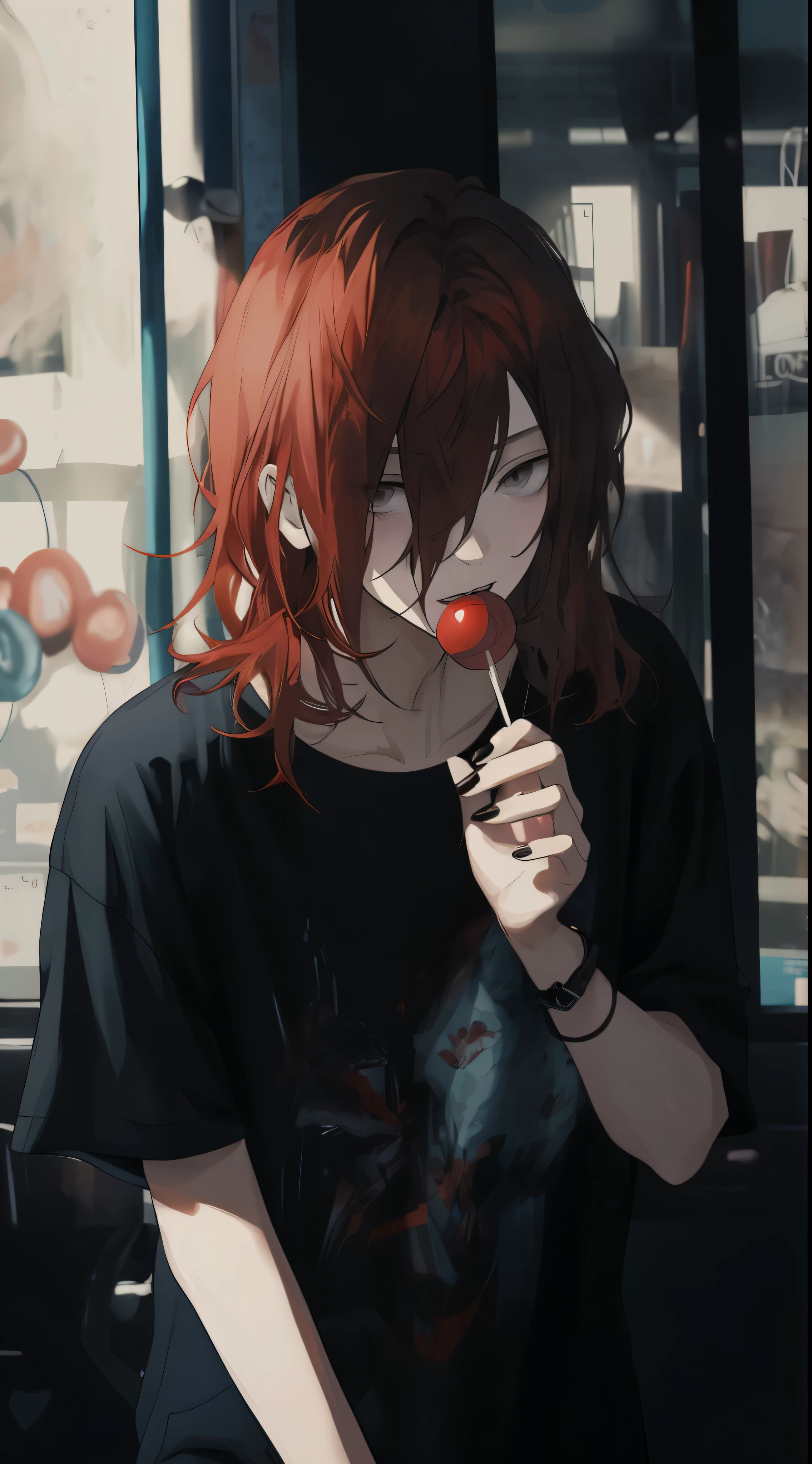 ((gray eyes)), thick lips, beautiful young man, redhead, shoulder length hair, long eyes, bite a lollipop, Black casual clothes, Monotone room,high quality, Amount to draw, pixiv illustration