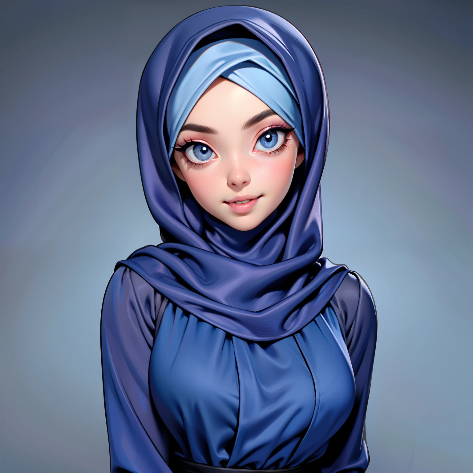 3dmm style, Masterpiece, realistic, best quality, best lighting, beautiful mature Czech woman, 1 girl photo solo, beautifully makeup, eyeshadow, Parted Lips, Detailed Eyes, beautiful big eyes, long eye lashes, dimples on the cheeks, smile, wearing ((Dark blue satin hijab)), loosely tide hijab style, ((gray satin turtleneck shirt and satin long skirt)), ((front view)), (Half-body portrait), front view, standing straight, symmetric Centered facing the viewer.