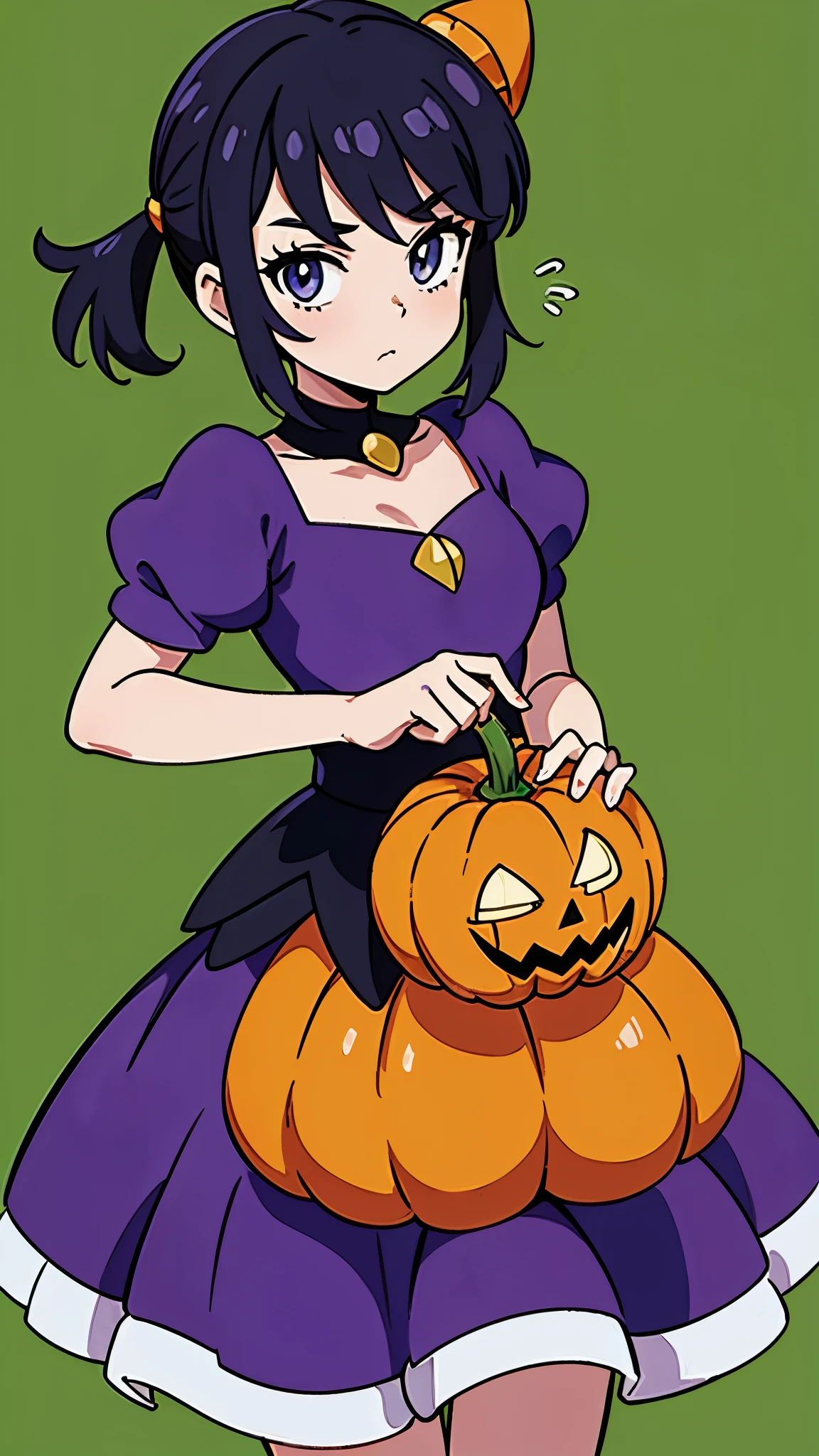 ((Masterpiece,Top Quality)), pokemon, pumpkin on head, purple dress, skirt, girl, alone, looking at camera, cinematic composition