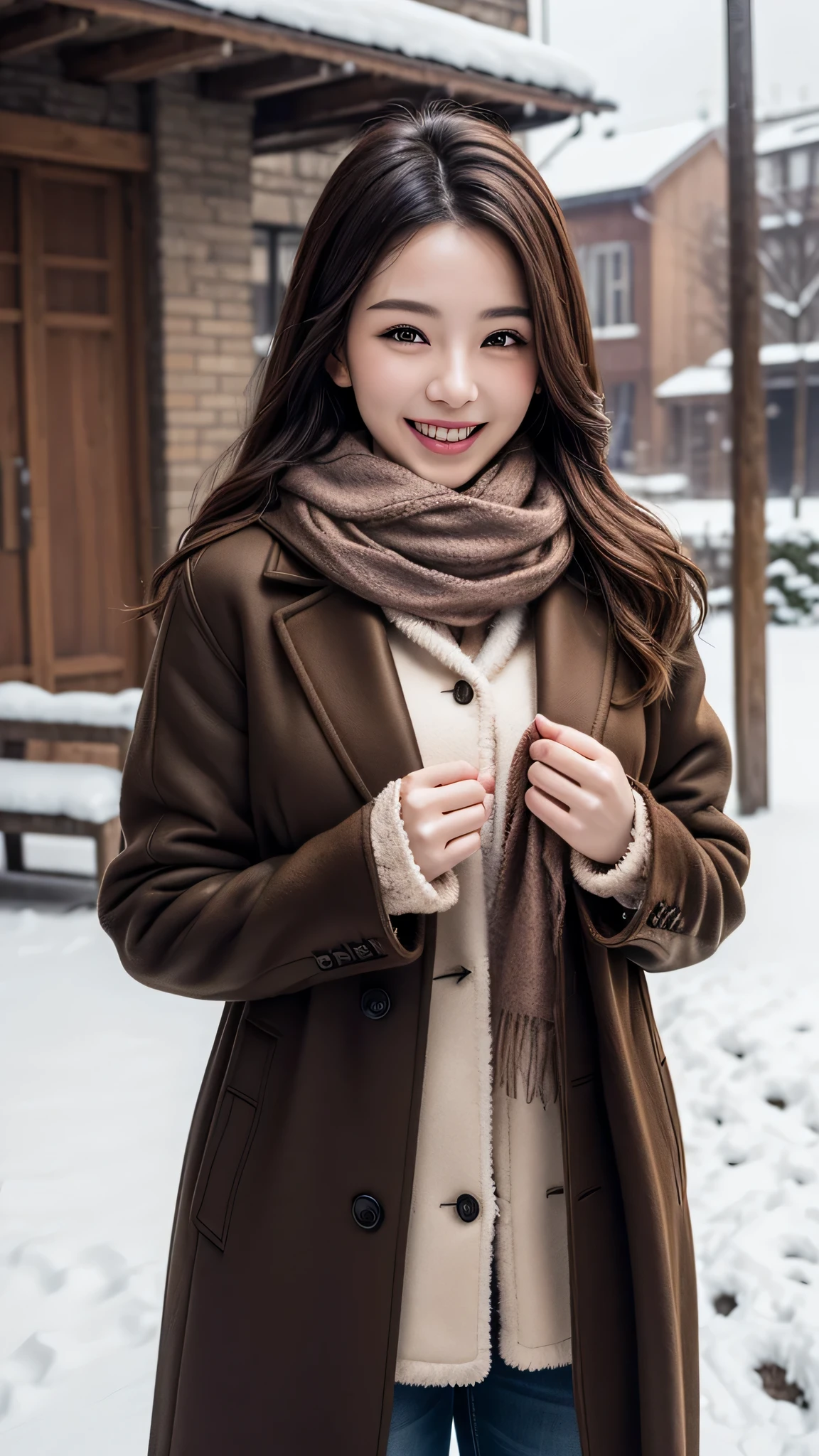 (1ung girl), (Ultra realistic), (warm mink coat, woolen scarf:1.3), upper body, big smile, laugh innocently, (best quality:1.4), Raw photo, (realistic, photo-realistic:1.37), professional photography, cinematic light, outdoors, snowy,