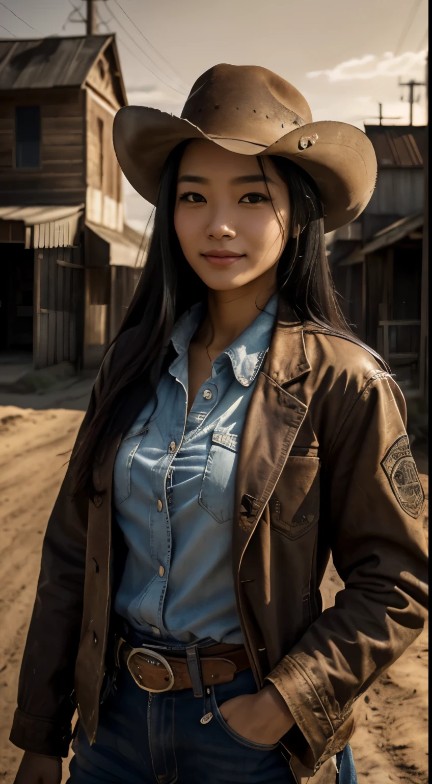 Foto hiperrealista en primer plano de Kim Ji-soo, masterpiece, best quality, (photorealistic:1.4), (cowboy outfit, jacket over shirt) Create dystopian masterpieces. Western theme, dusty atmosphere, wooden buildings, a setting sun casting long shadows, aged and worn costumes, anticipation in the air, intense standoff, empty street, deserted town, beautiful woman, skinny, large big breasts, black long hair, detailed face, smile, facing the camera, photo taken from a distance, age of 25 years old
