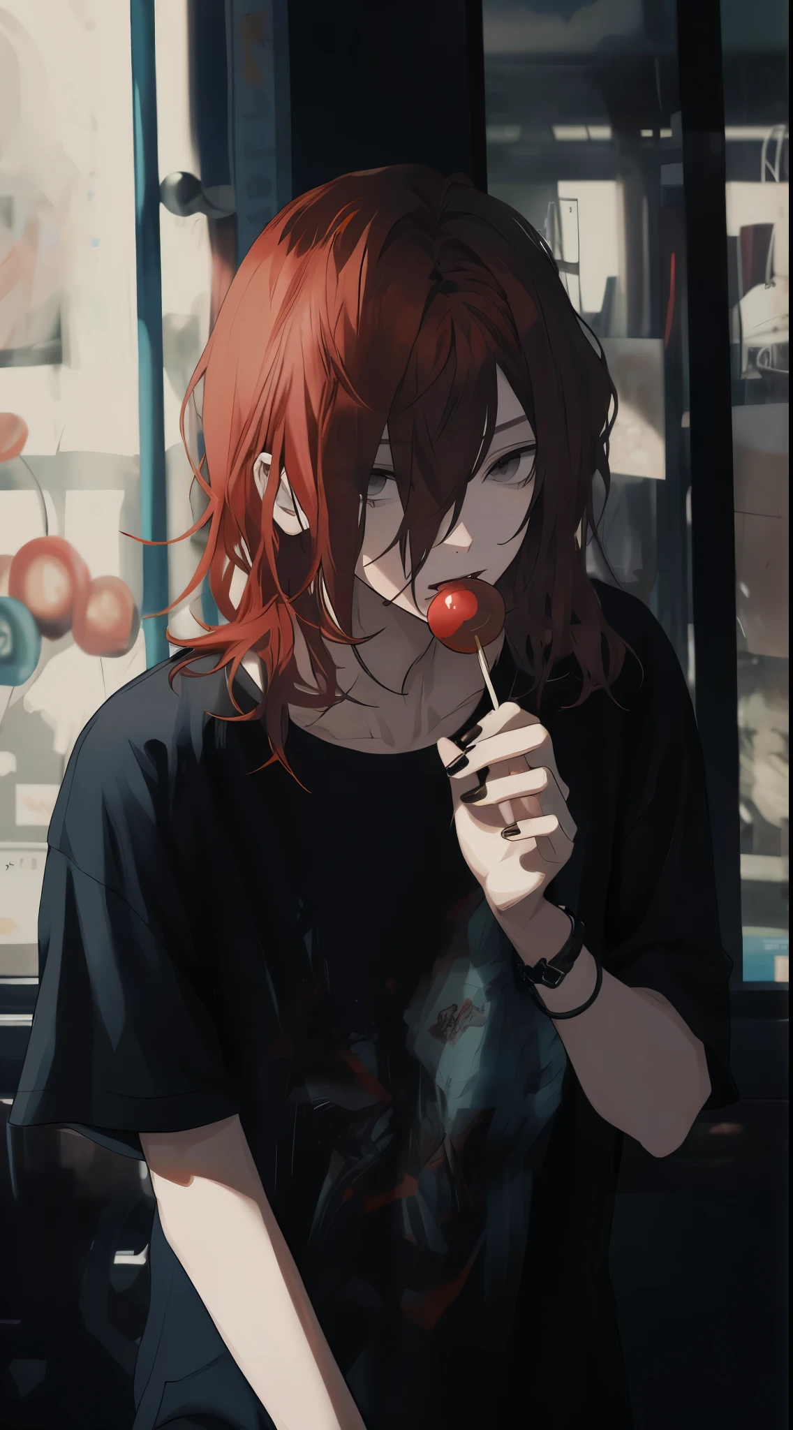 ((gray eyes)),  thick lips, Beautiful young man, red hair, shoulder length hair, slit eyes, bite a lollipop, black casual clothes, monotone room,high quality, amount of drawing, pixiv illustration