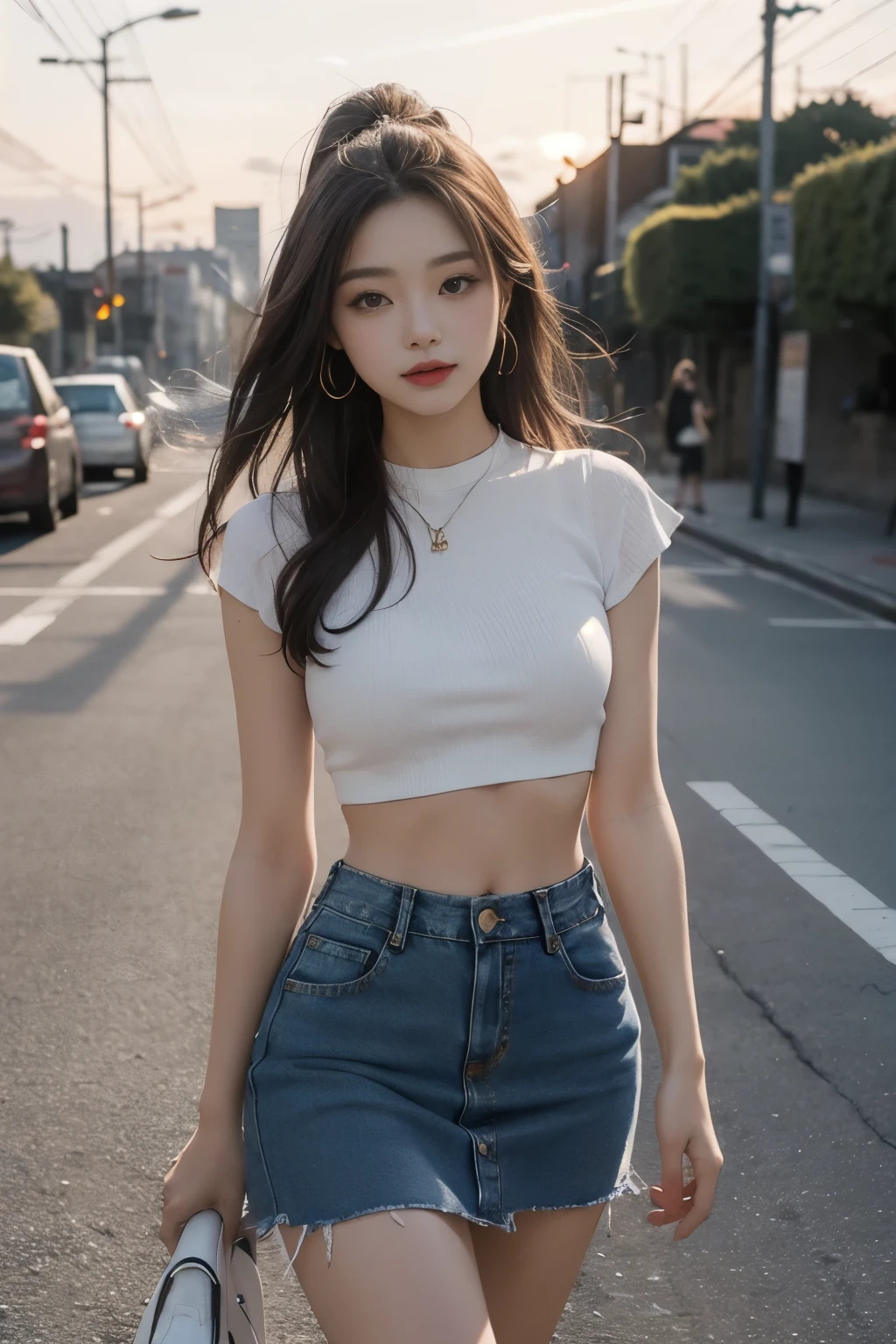 A breathtakingly beautiful lady with flowing long hair, wearing a chic crop top and a fashionable denim short skirt, radiating confidence and style, fashionable, trendy, alluring, charismatic, 50mm, sunset