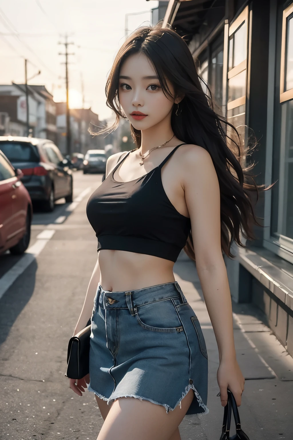 A breathtakingly beautiful lady with flowing long hair, wearing a chic crop top and a fashionable denim short skirt, radiating confidence and style, fashionable, trendy, alluring, charismatic, 50mm, sunset