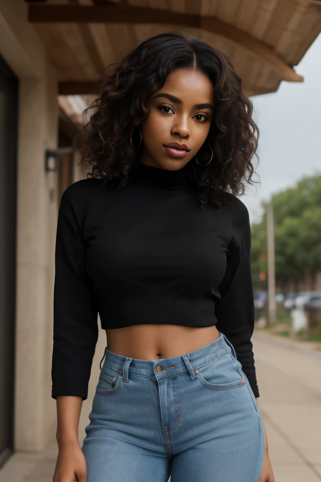 (front view) very detailed photograph of a black woman, dark skin, (with curly hair), (symmetric beautiful face) nice and well defined nose, proportioned and full lips, stunning realistic photography, crop top, jeans, realistic soft color, scenic outdoor background, octane render, intricately detailed, sharp focus, stunning full color, shot on DSLR camera, 32k resolution, best quality, (focus on skin texture)