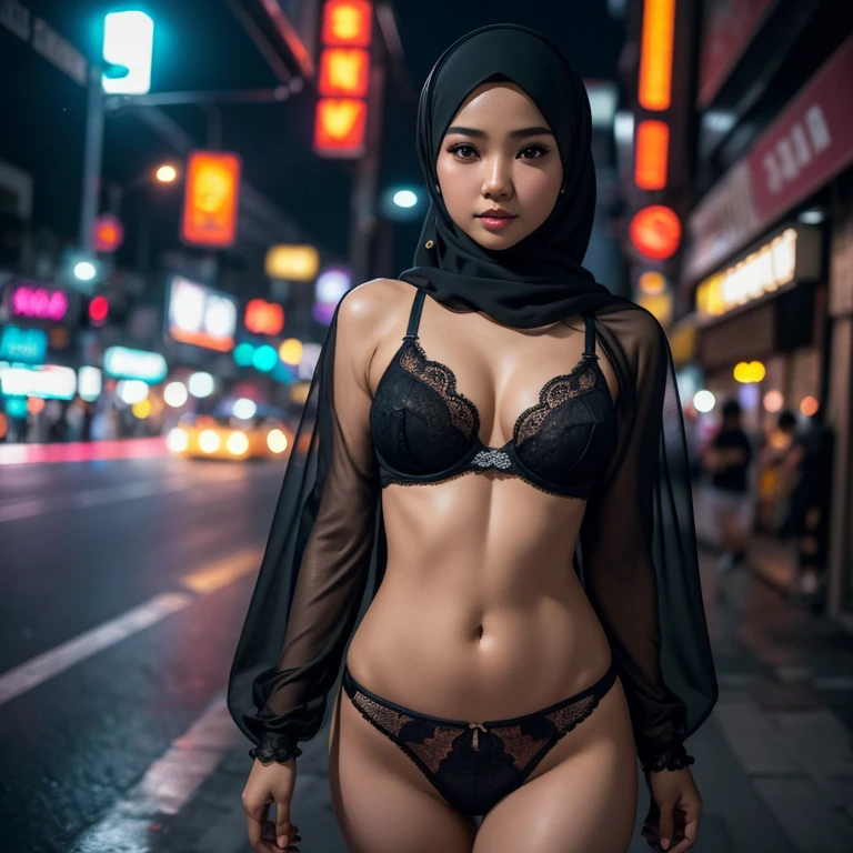1 matured malay girl in hijab wear transparent lace bra and panties, kuala lumpur street, nighttime, neon city lights, upper body,close-up, seducing, sexy pose, (8k, RAW photo, best quality, masterpiece:1.2),(realistic, photo-realistic:1.37),