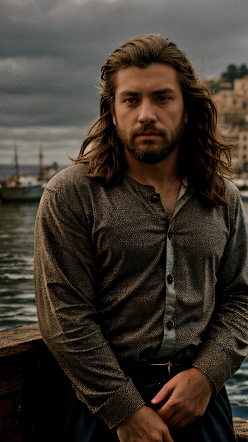 "Compose a medium shot of a young, attractive fisherman with brown eyes, a beard, windswept hair, set in 17th-century Spain. He wears an open, long-sleeved shirt exposing his chest. Aim for a photorealistic, hyperrealistic, cinematic style that captures the essence of the historical period and Spanish charm."