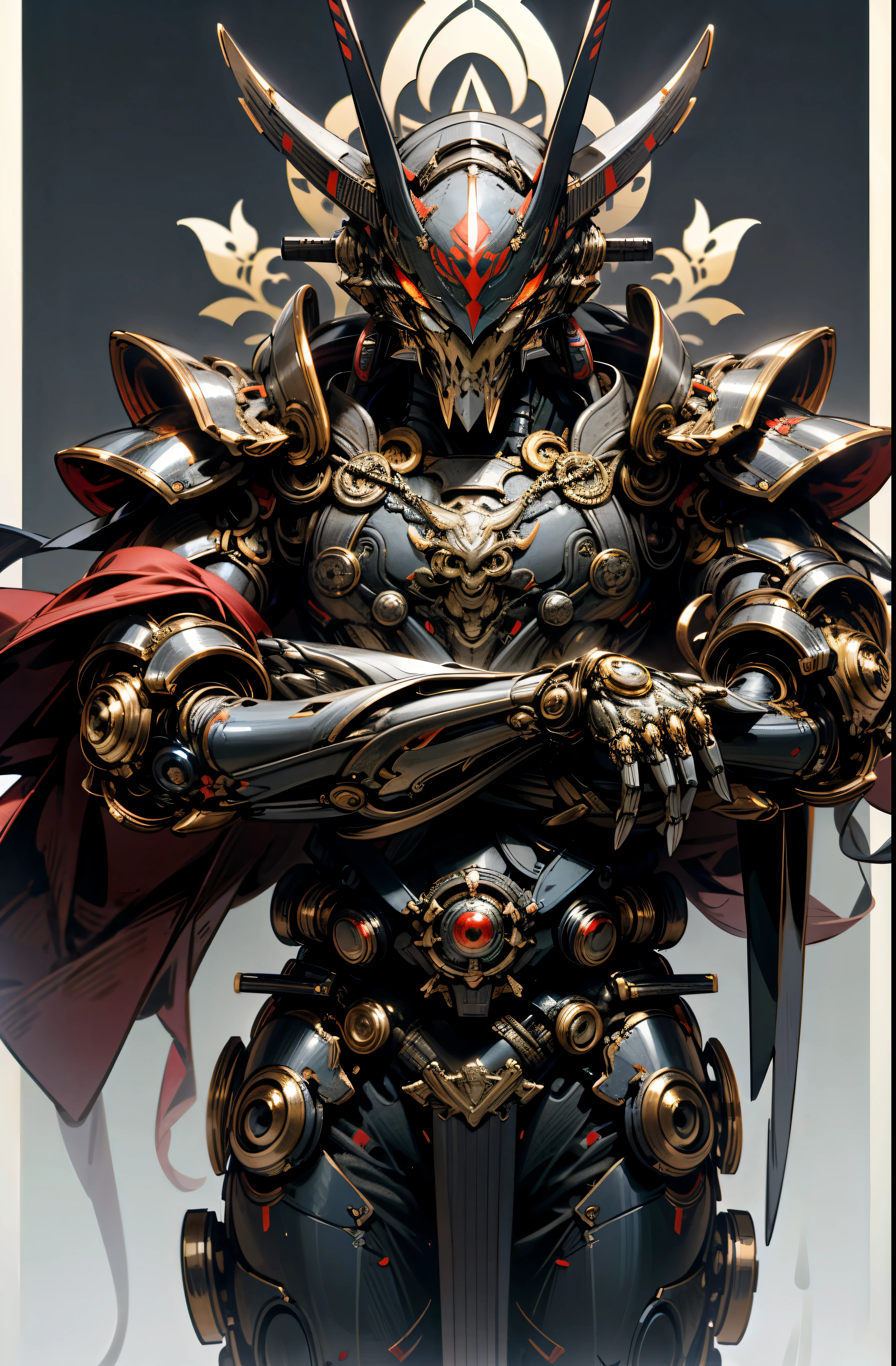 masterpiece,best quality,official art, Extremely detailed CG unified 8k wallpaper,ridiculous,8K resolution,dark_fantasy, ,(,Samurai Mechanical Armor Red:1.1),1 person,Mechanical Wonder,exist,cybernetic guardians,