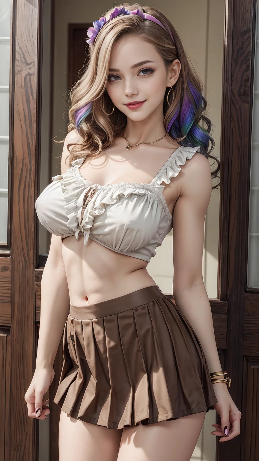 25 year old woman、Hair color is a gradient color、eye color is brown、semi-long、hair is wavy、wearing eye shadow and lipstick、I&#39;m wearing a decorated headband、accessories on wrist、Slender but well-proportioned muscular body、wearing a frilly blouse、I&#39;m wearing a low-rise pleated skirt、big breasts、smile