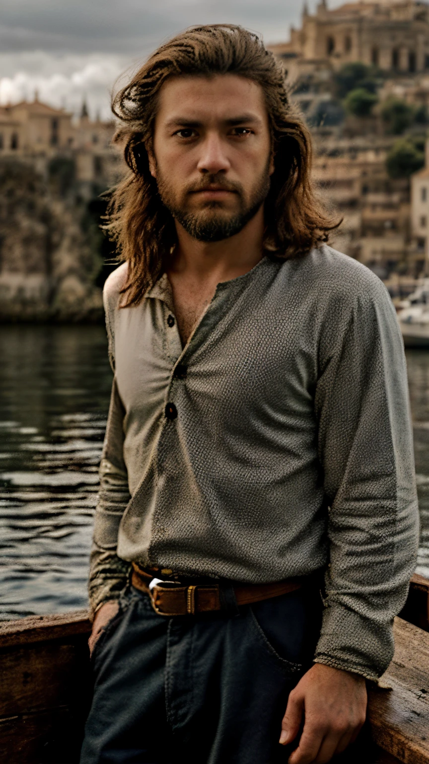 "Compose a medium shot of a young, attractive fisherman with brown eyes, a beard, windswept hair, set in 17th-century Spain. He wears an open, long-sleeved shirt exposing his chest. Aim for a photorealistic, hyperrealistic, cinematic style that captures the essence of the historical period and Spanish charm."