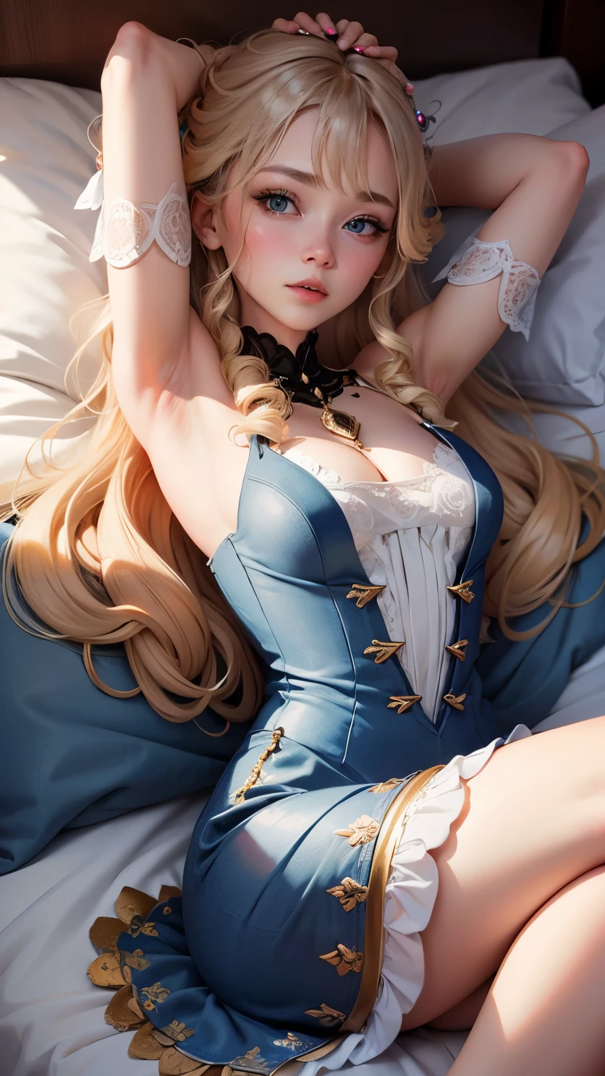 absurdist,(masterpiece、Top image quality、8K),Exquisite details,Ultra-detailed、(soft focus:1.2)、A perfect beauty、(Unusual appearance:1.2)、beautiful detailed blue eyes、long blonde hair、White lace pajamas、Lie asleep in bed、arms raised、armpit、（top down：1.2）、Eyeliner、long eyelashes、shining eyes、Slightly open lips、light、Amazing、（melancholy：1.2）、、（fantasy、dream）、Surreal、perfectanatomy