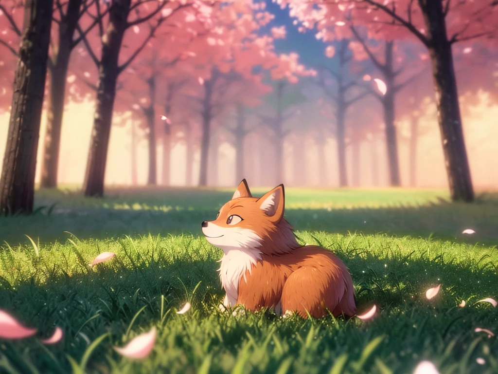 Fox and hedgehog at the edge of the forest, (masterpiece, in detail, Disney-style), cartoon animals, 3d, brown little hedgehog, (hedgehog and fox), Red fox, smiling, Frolic, against the backdrop of a dense forest, spring, white flowers, green grass, sakura trees, cherry blossom petals, Bright blue sky, very world, Warm sunlight, (Warm shades, positive picture), film still from an cartoon, animal friendship