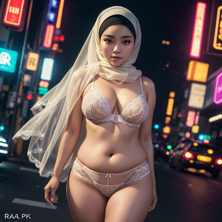 1 matured malay girl in hijab, plump body figure, smallest breast, wear transparent lace bra and panties, kuala lumpur street, nighttime, neon city lights, upper body,close-up, seducing, sexy pose, (8k, RAW photo, best quality, masterpiece:1.2),(realistic, photo-realistic:1.37),