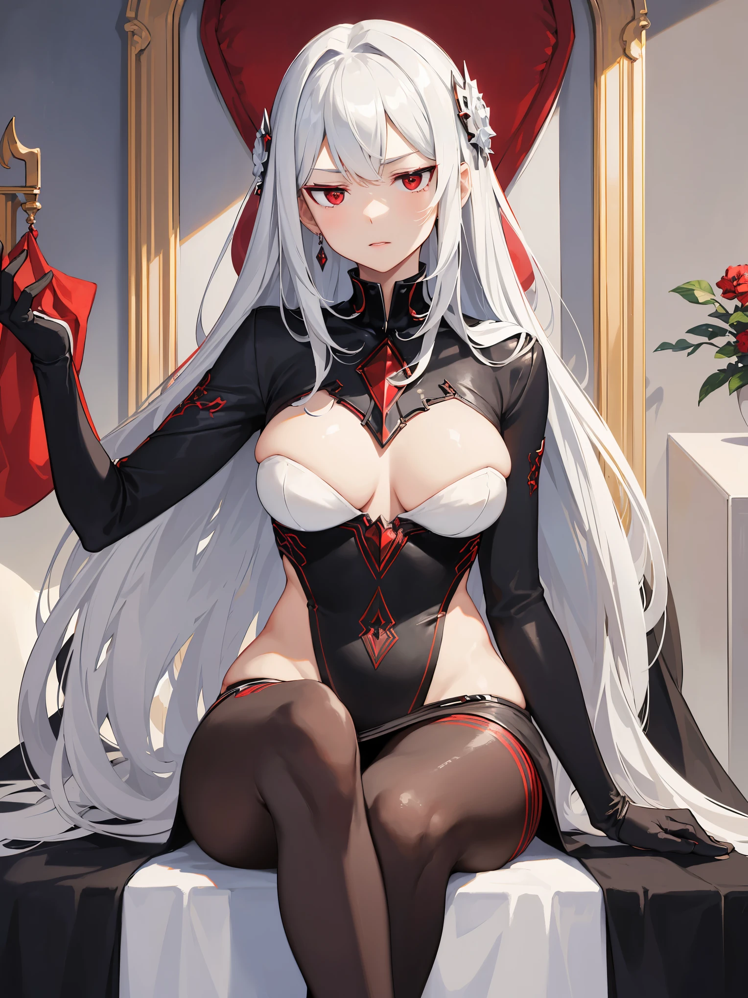 (masterpiece, best quality, highres, high quality:1.2), award winning, super detail, high details, textured skin, anatomically correct, ccurate, UHD, retina, 1080P, HD, 4K, 8k, 16k, silver white hair, long hair, shinny hair, perfect small round breasts, charming and stunning woman, attractive beauty, pantyhose black, white Cloak, high heels, ((Crimson red Eyes)), crimson throne, crimson palace, crimson lighting, sitting on throne,((perfect anatomy)),