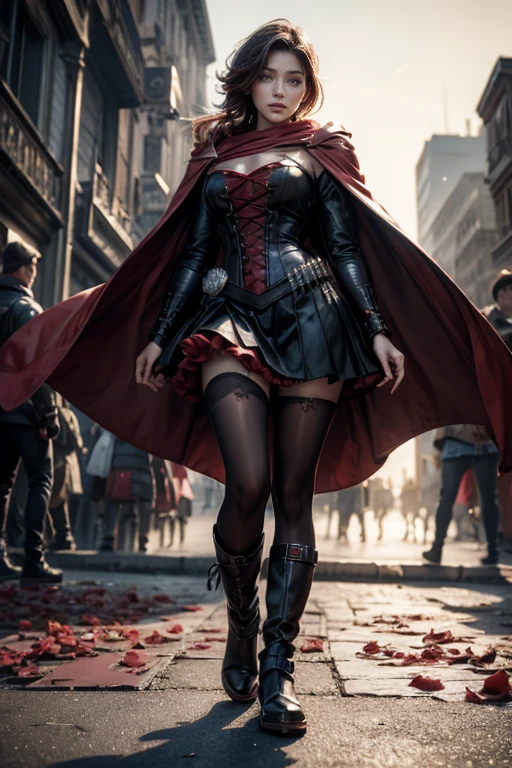 (masterpiece,stunning girlfriend, (standing:1.1), dynamic pose, heart shaped face, elegant face, beautiful face, highly detailed face, highly detailed skin, skin pores, subsurface scattering, realistic pupils, loving smile, looking at viewer, full face blush, full lips, detailed background, depth of field, atmospheric perspective, volumetric lighting, sharp focus, absurdres, realistic proportions, good anatomy, (realistic, hyperrealistic:1.4), 16k hdr, (masterpiece, best quality), 1girl, ruby_rose, cape, dress, red cape, crescent rose, boots, pantyhose, hood, petals, corset, standing on stage, audience, crowd