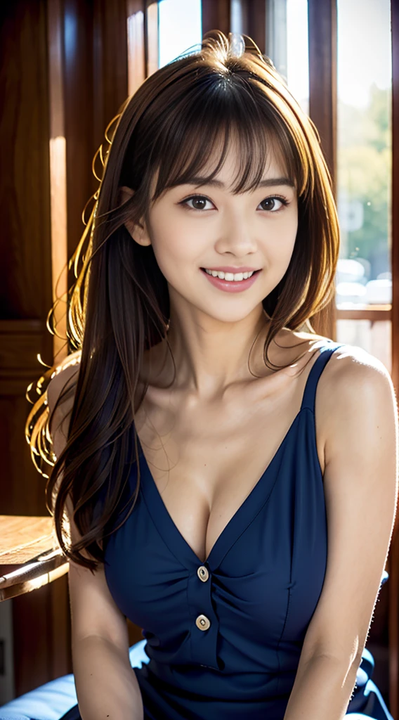 first person perspective, (masterpiece:1.3), High resolution, Super detailed, Highly detailed CG Unity 8K wallpaper, realistic, photo-realistic, RAW photo, beautiful detailed face, white skin japanese woman、20 year old female、realistic目、F cup big breasts、beautiful detailed eyes、(real skin: 1.3)、cute smile、medium long hair、beautiful skin、, fine cloth texture, detailed hair texture, perfect body, beautiful face, Accurate, anatomically correct, Highly detailed face and skin texture, natural neck length, (beautiful hands), (Fair skin:1.2), thin legs, thin legs, aligned teeth,
break,
fine eyes, symmetrical eyes, light brown eyes, double eyelid, thin eyebrows, (glossy lips:1.4), (provocative smile:1.2), (blush:1.3),
break,
(classy and cute girl:1.3), (Wear elegant clothes (dark blue) button shirt:1.2),
((navy) イレギュラーな裾のlong skirt:1.2), (long skirt),(((office))),((indoor)), (slender body shape:1.1), toned abdominal muscles, beautiful clavicle, (upper bust),
(dark blonde hair, wavy hair, long hair:1.2), ((asymmetrical bangs:1.2)),
break,
sitting in a chair, (At night), (At night), (At night), (upper body shot:1.2), looking at the viewer, View from the front,