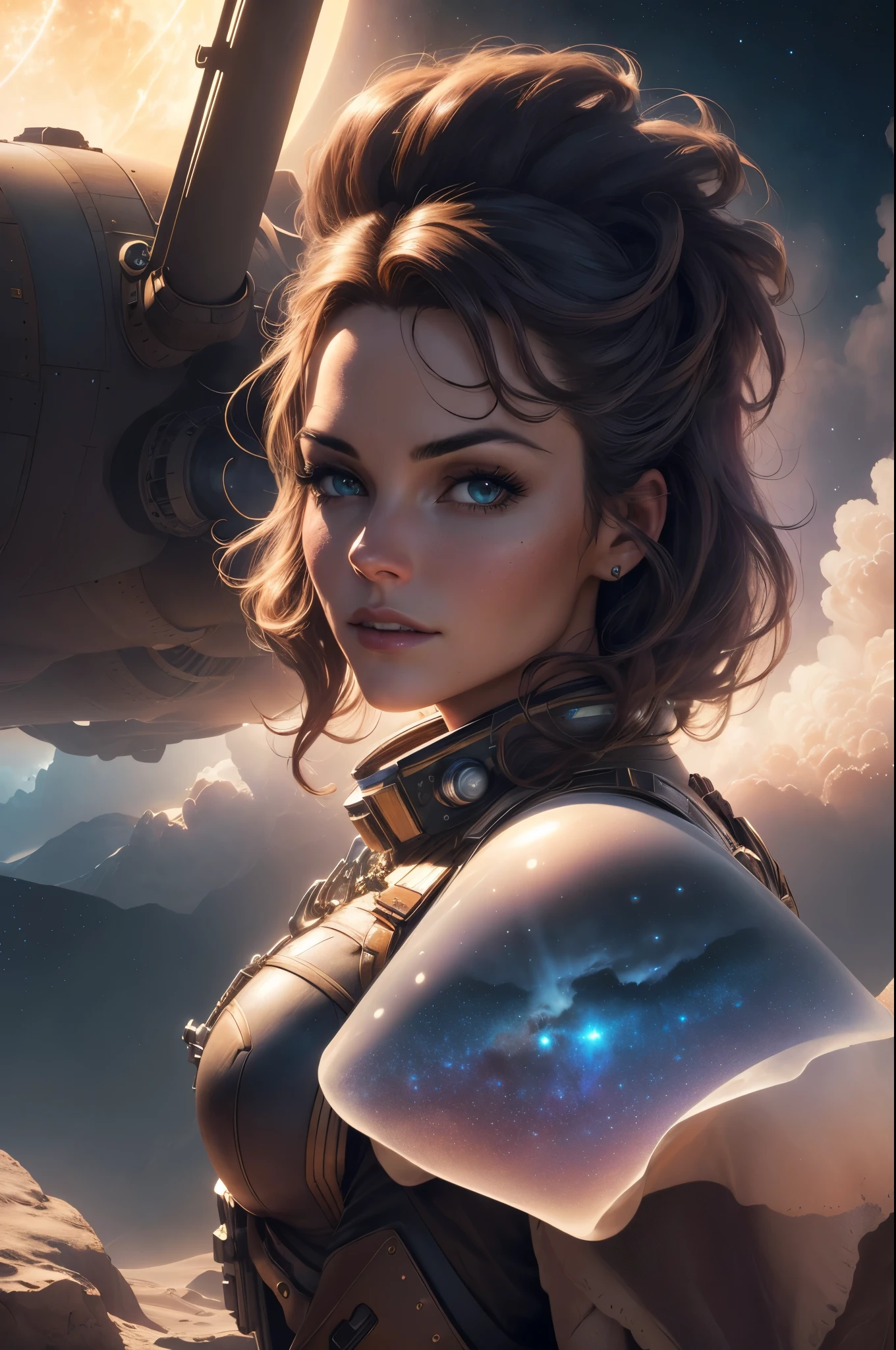 (Best quality,4K,8K,A high resolution,Masterpiece:1.2),(Realistic,Photorealistic,photo-realistic:1.37),Erica Durance as a Astronaut,Steam punk,film-noir,Otherworldly,Vivid colors,Dreamlike,Sci-fi,subtly lit,Atmospheric,view of the cosmos,Steam-powered machinery,Ethereal,hauntingly beautiful,Moody shadows,Retro-futuristic technology,Starlight fog,exploration,Adventure,Mystery,Galactic environment,exalted,Isolated heroine,Interstellar Travel,dramatic contrast,distant planets,Majestic face,Sci-fi fashion,Smoke and fog effects,contrasting textures,Timeless beauty