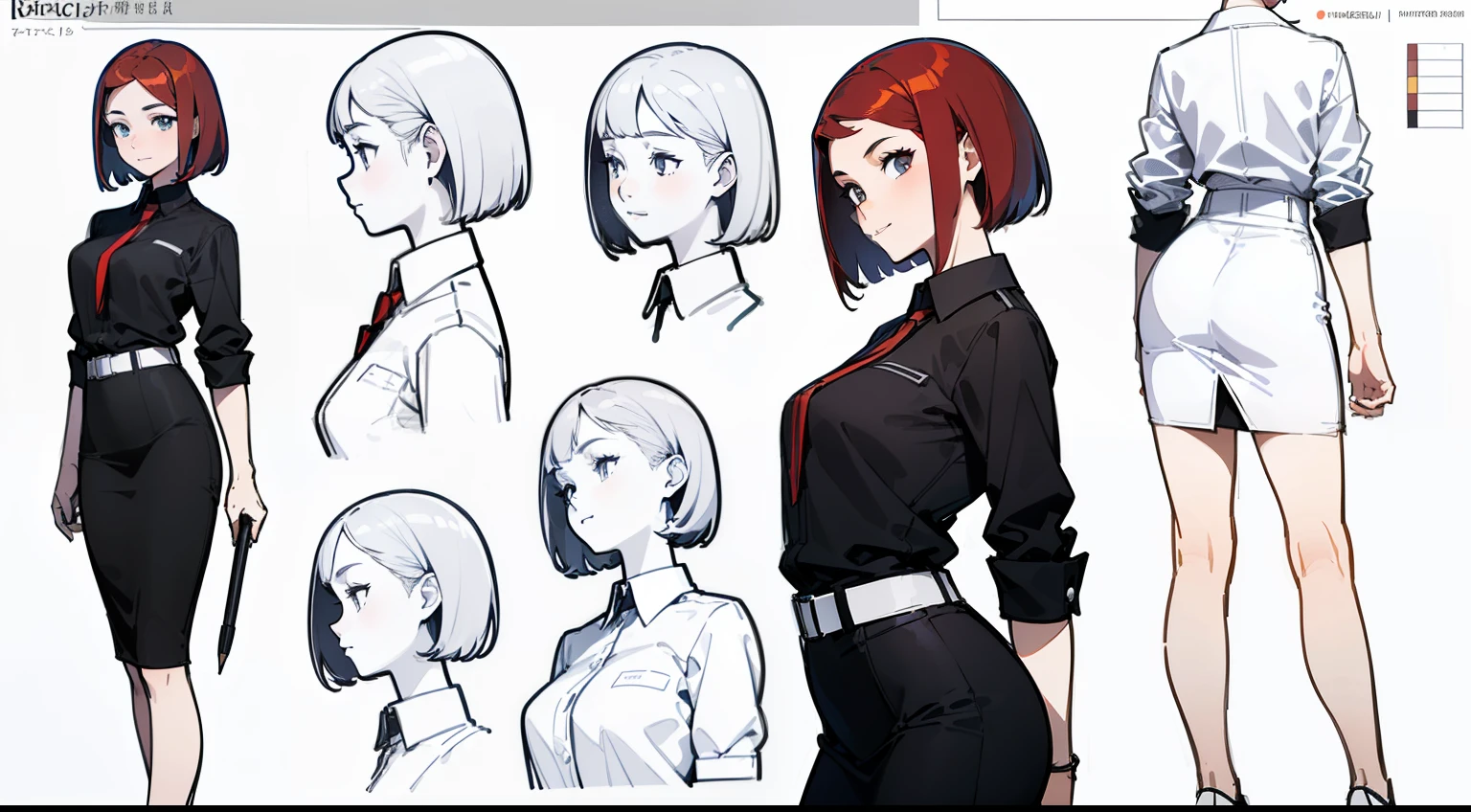 ((Best Quality)), ((Masterpiece)), ((Realistic)) 19 year old, redhead girl, shoulder length hair, relaxed happy face ((slender)) (busty), ((( black office attire ))) ((pencil skirt)) ((sexy )) textured pixie haircut (((detailed character sheet, frontal view, side view, three quarter view))) (((white background))) 6 and a half heads full body
