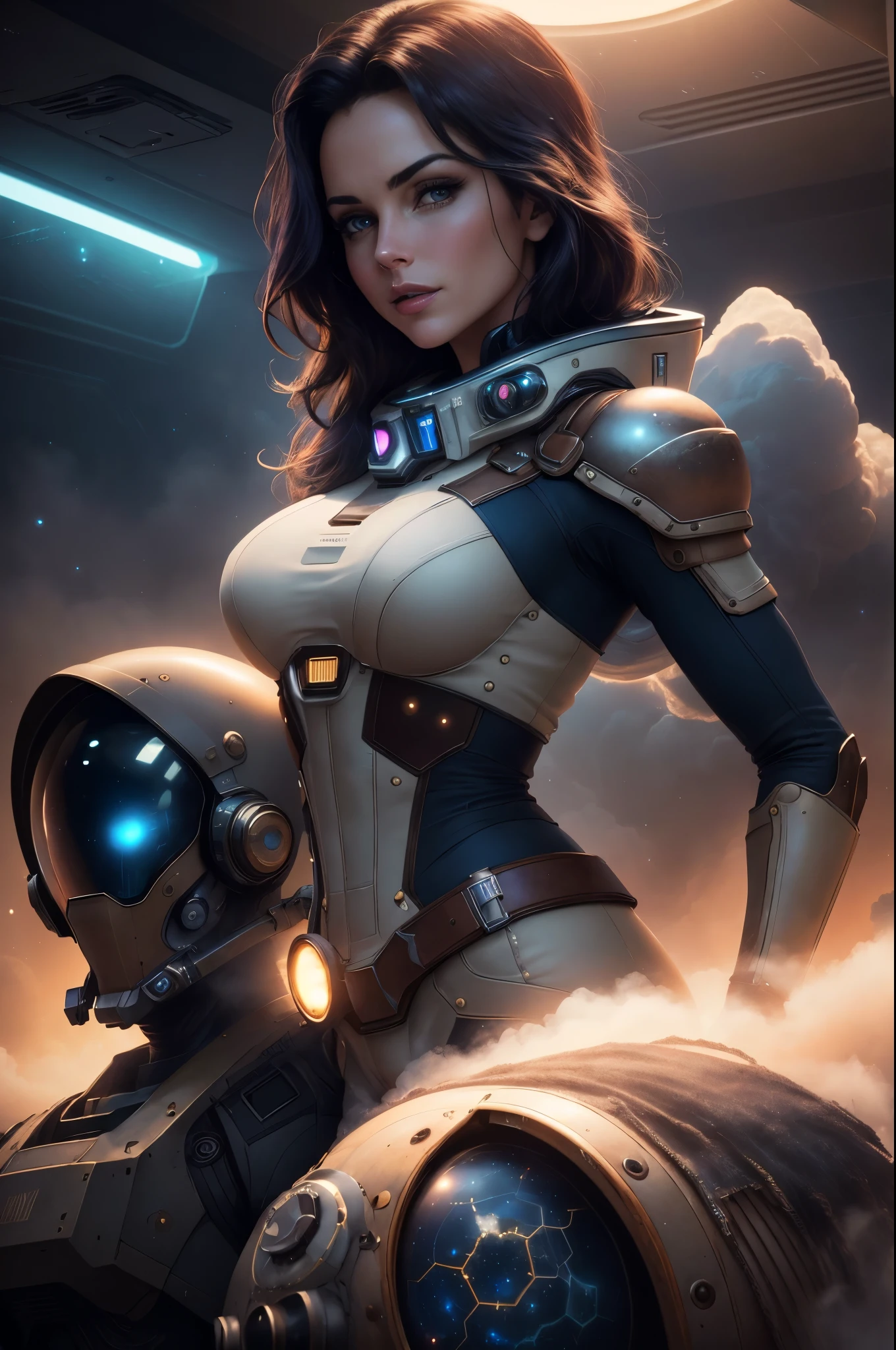 28 years old American woman, ((full body)), ((nude)), ((heavily armored space commander)), beautiful chest, standing with her legs spread apart, in her huge space ship at deep space far from the galaxy, no planet and no moon around there, milky way outside of the ship, zoom in from below