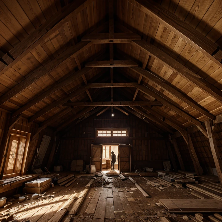 Indoor safe house roof,A man looks at the beamed structure of an interior roof,Indoor view,Stable wooden beams,pile,Wooden roof,Safe house,Doomsday architecture,Dilapidated building,Realistic scenes,ultraclear,Lots of detail