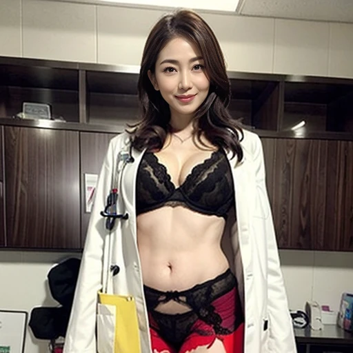 ((full body:1.3)), ((she is a Photorealistic beautiful doctor:1.15)), Very sincere personality, (big tits:1.1), ((She's wearing a doctors white coat over (black sexy lingerie:1.1) in the exam room:1.3)), black underwear, (doctor in a white lab coat:1.1), (Doctor's attire), masutepiece, Best Quality, Ultra-detailed, finely detail, hight resolution, Perfect dynamic composition, Beautiful detailed eyes, mid-chest, Natural Color Lip, Random and sexy poses, Smile, 48 years beautiful women, Examination room, stethoscope, Ultra-realistic capture, Highly detailed, High resolution 16k close-up of human skin. Skin texture must be natural, With such detail that pores can be finely identified. Skin should look healthy, In a uniform tone. Use natural light and color、a Japanese actress in her 48s with a bewitchingly beautiful appearance、