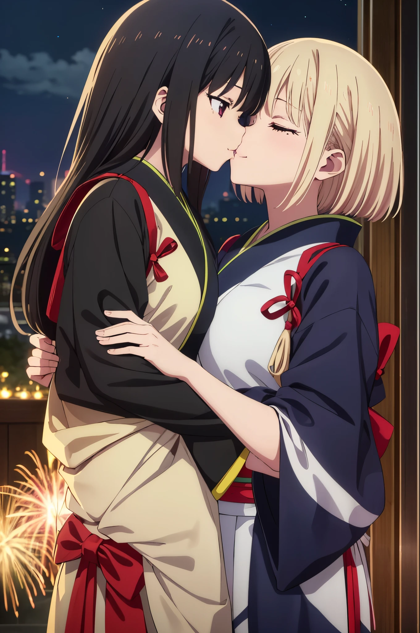 Highest image quality、High quality、anime style、18-year-old、(((2 girls))), masterpiece, highest quality,、medium full shot、big boobs、kimono、yukata、Fireworks go off、((with fireworks in the background))、perfect style、kiss face、(((kiss)))、((close your eyes)),Capture only the upper part of the body、smile、(Senzoku Nishikigi、blonde short bob、red eyes、赤いkimono)、(Takina Inoue、long black hair、purple eyes、青いkimono)、outdoor、High resolution, unity 8k wallpaper, highly detailed face, perfect lighting, Very detailed CG,
」Highest image quality、High quality、anime style、18-year-old、(((2 girls))), masterpiece, highest quality,、medium full shot、big 、kimono、yukata、Fireworks go off、((with fireworks in the background))、perfect style、kiss face、(((kiss)))、((close your eyes)),Capture only the upper part of the body、smile、(Senzoku Nishikigi、blonde short bob、red eyes、赤いkimono)、(Takina Inoue、long black hair、purple eyes、青いkimono)、outdoor、High resolution, unity 8k wallpaper, highly detailed face, perfect lighting, Very detailed CG,