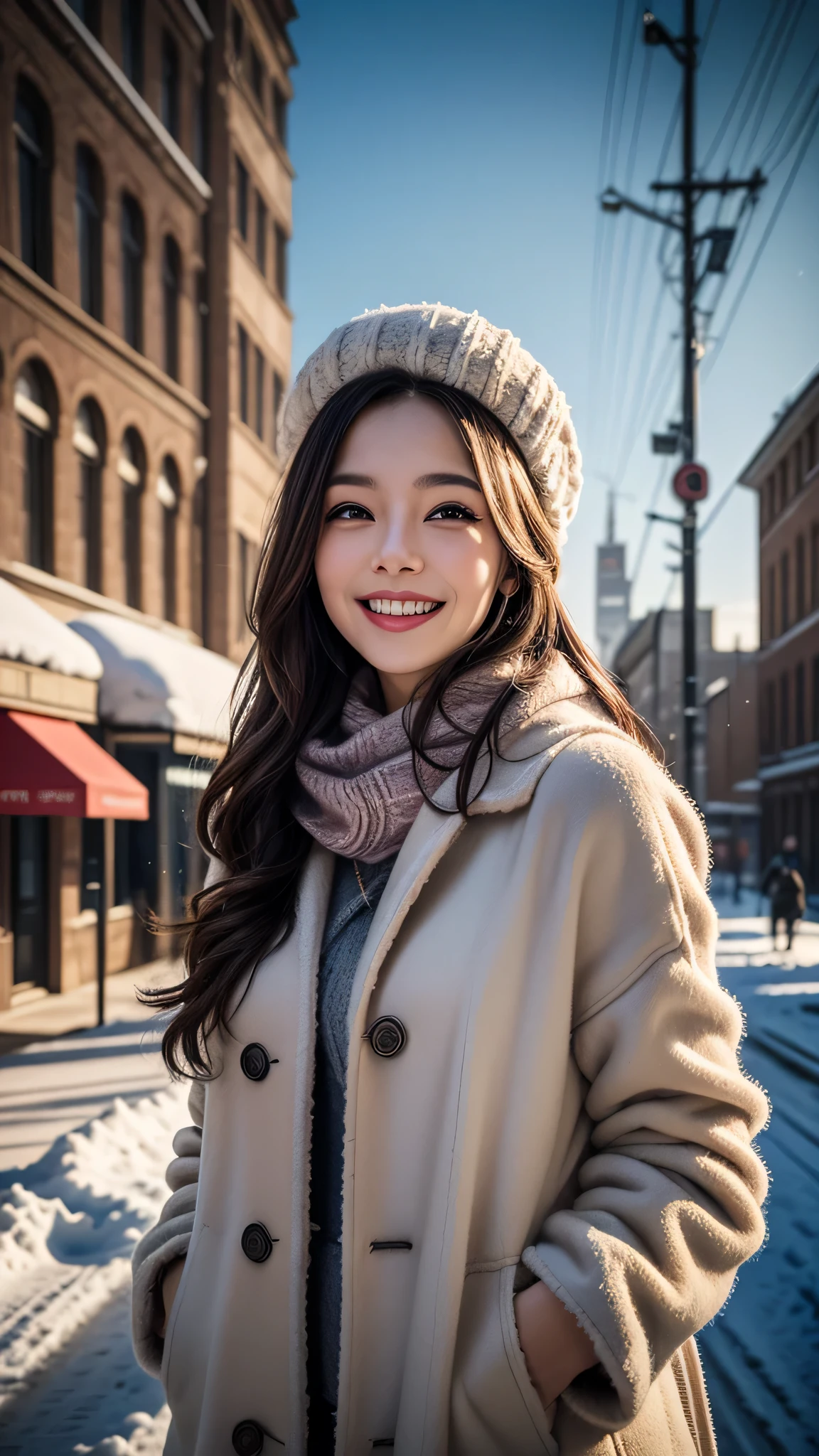 (1young girl), (Ultra realistic), (warm mink coat, woolen scarf:1.3), upper body, big smile, laugh innocently, Beret, stylish outfit, (best quality:1.4), Raw photo, (realistic, photo-realistic:1.37), professional photography, cinematic light, outdoors, snowy, stylish cityscape